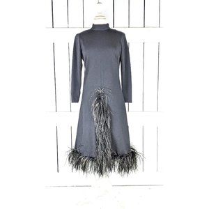 Vintage black knit long sleeve ostrich feather cocktail LBD shift evening dress
